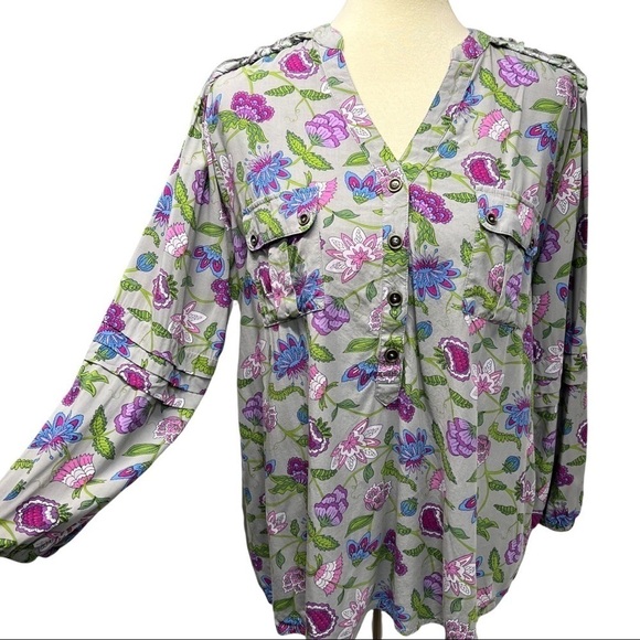Matilda Jane Gray & Fuchsia Thinking Out Loud Floral Split Neck Popover Top - Picture 7 of 11